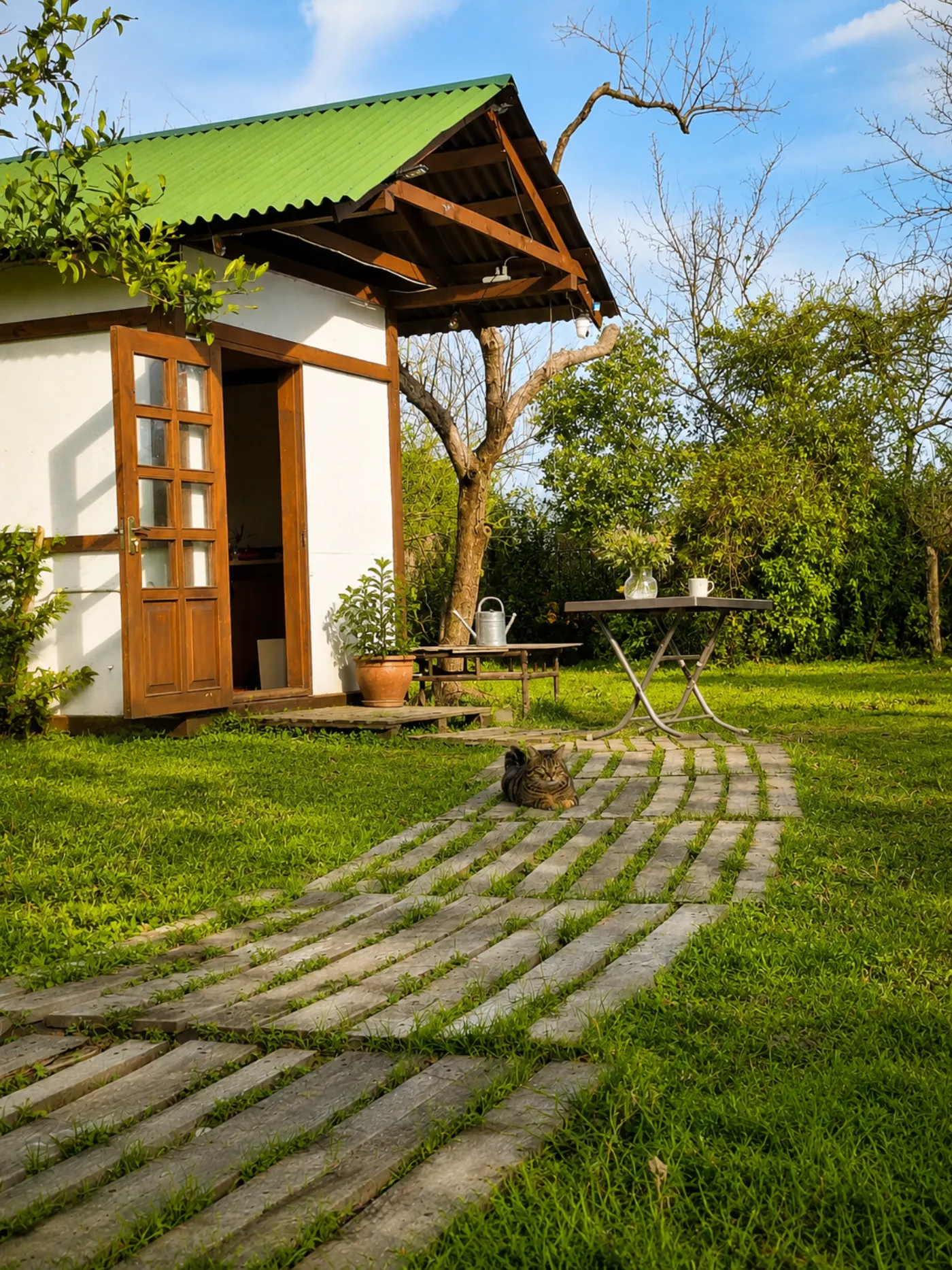 The covered common area and garden